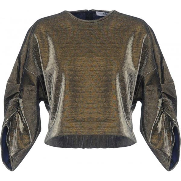 Blusa con drappeggio senza tasche effetto laminato collo tondo con zip tinta unita Tibi tinta unita