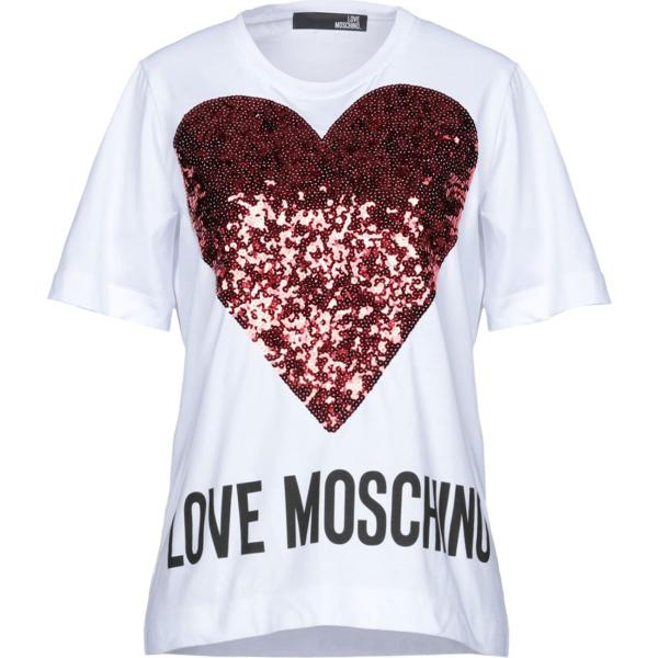 T-shirt senza tasche con paillettes collo tondo a maniche corte in cotone jersey Love Moschino bianco tinta unita