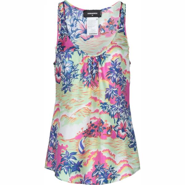 Top fantasia collo tondo senza maniche in raso Dsquared2 verde a fiori