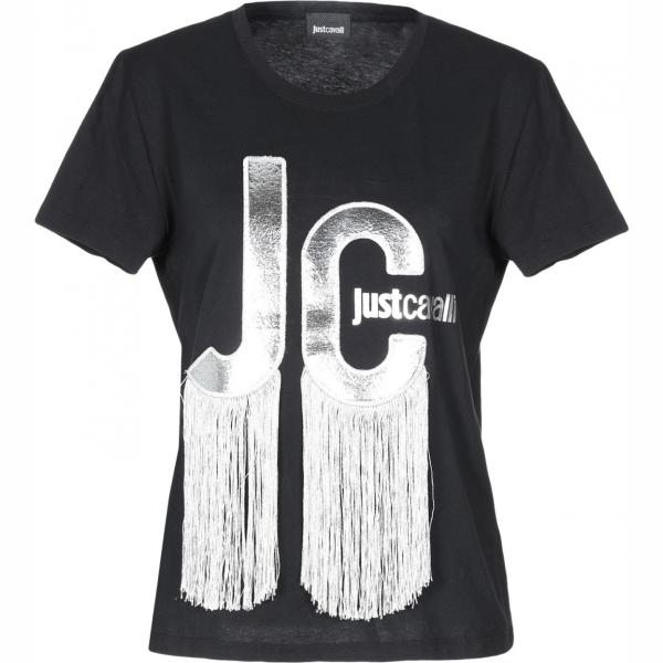 T-shirt senza tasche con frange collo tondo a maniche corte in cotone jersey Just Cavalli tinta unita