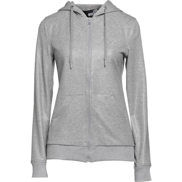 felpa con cappuccio da donna in grigio chiaro effetto lucido collo con cappuccio a maniche lunghe con zip in cotone Love Moschino
