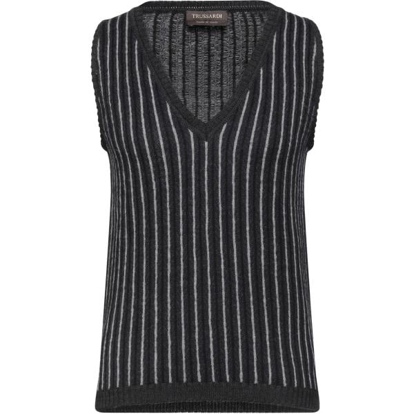 Pullover da donna in nero pece a righe lavorato a maglia collo a v senza tasche senza maniche in lana Trussardi Trussardi