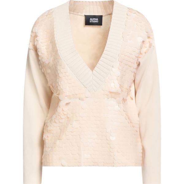 Pullover da donna in bianco avorio con paillettes collo a v a maniche lunghe in viscosa Alpha Studio Alpha Studio