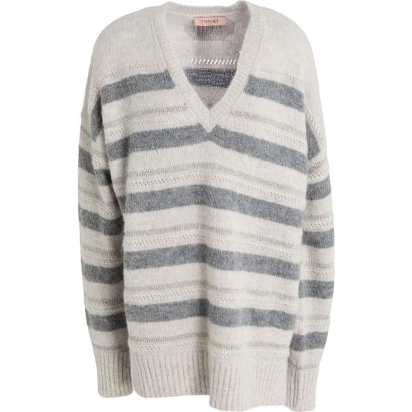 Pullover da donna in grigio chiaro a righe effetto laminato collo a v a maniche lunghe in lana Twinset Twinset
