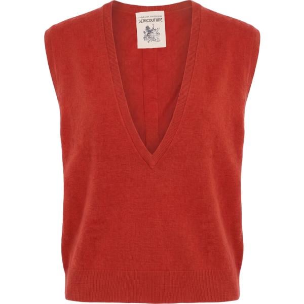 Pullover da donna in rosso classico collo a v senza maniche in lana Semicouture Semicouture