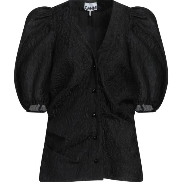 Camicia a maniche corte da donna in nero pece collo a v senza tasche a maniche corte con bottoni Ganni Ganni