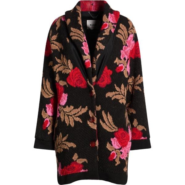 Cappotto da donna in nero pece a fiori lavorato a maglia collo con revers monopetto a maniche lunghe con bottoni in lana Blugirl Blugirl