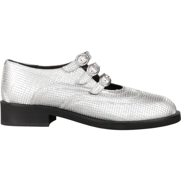 Ballerine da donna in grigio chiaro effetto laminato con tacco squadrato a punta tonda con fibbia in pelle Emporio Armani