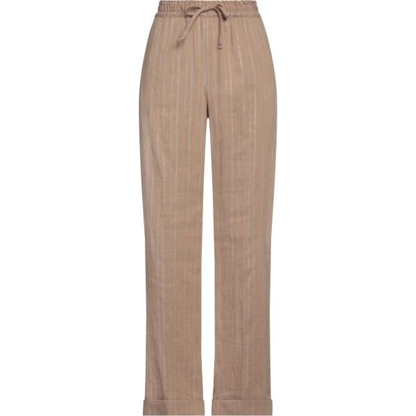 Pantaloni da donna in marrone chiaro a righe effetto laminato a vita alta con coulisse in viscosa Twinset Twinset
