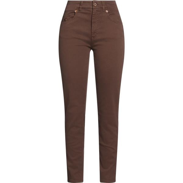 Pantaloni skinny da donna in marrone scuro cinque tasche a vita alta con zip in cotone European Culture