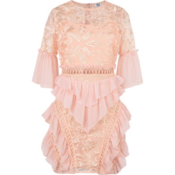 Vestito corto a tubino con pizzo collo tondo a maniche corte con zip interno foderato con balze crêpe Td True Decadence tinta unita