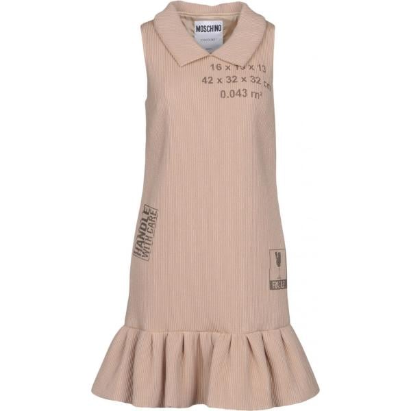 Vestito corto a trapezio con stampa effetto laminato collo classico senza maniche con zip interno foderato in seta crêpe Moschino con stampe