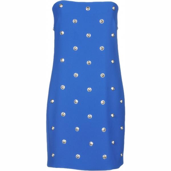 Vestito corto a tubino contrasto scollatura profonda senza maniche con zip interno foderato crêpe Versus Versace blu tinta unita