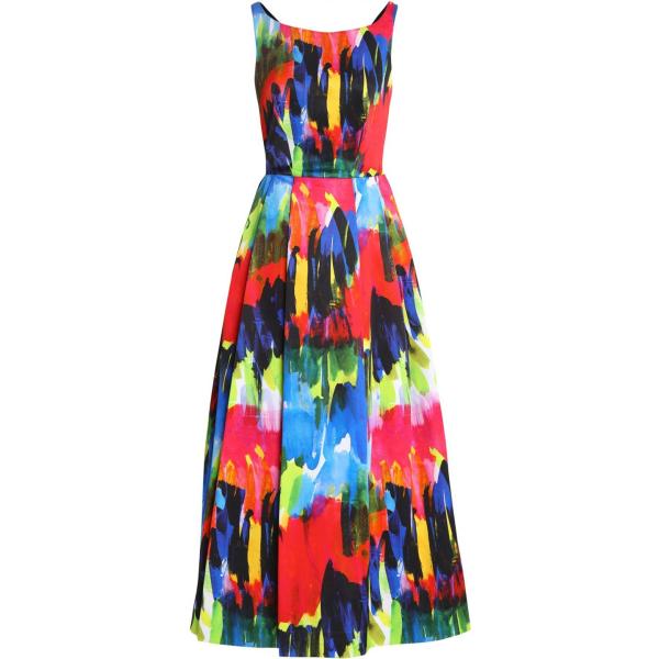 Vestito lungo fantasia multicolore senza maniche con zip in raso con pieghe Milly multicolore