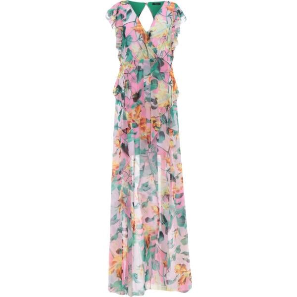 Vestito lungo senza tasche fantasia floreale collo a v a maniche corte con laccetti interno semi-foderato crêpe Hanita viola a fiori