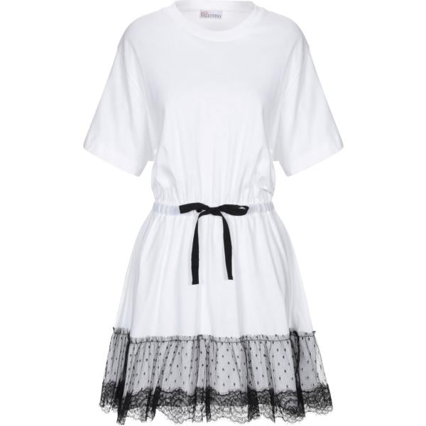 Vestito corto a trapezio con pizzo collo tondo a maniche corte interno sfoderato in cotone jersey REDValentino bianco tinta unita