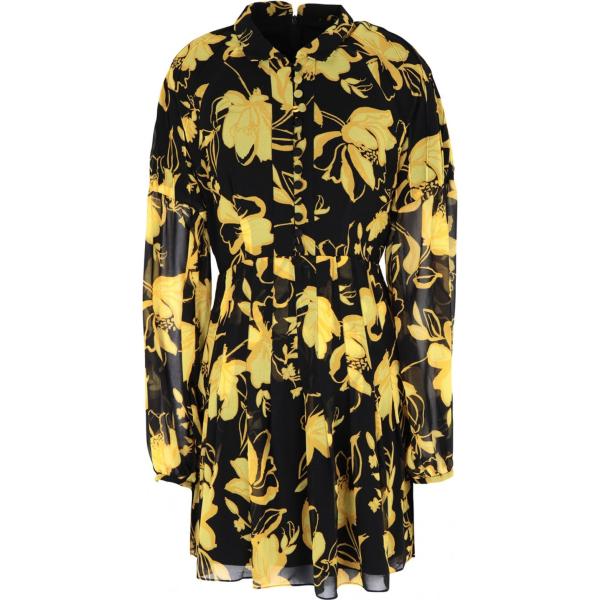 Vestito corto fantasia floreale collo alto a maniche lunghe interno foderato crêpe C/Meo Collective giallo a fiori