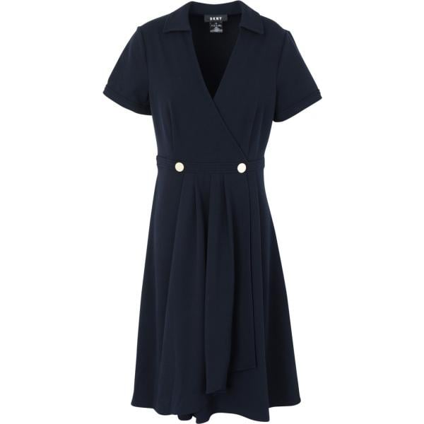 Vestito collo a v a maniche corte con zip interno sfoderato crêpe Dkny tinta unita