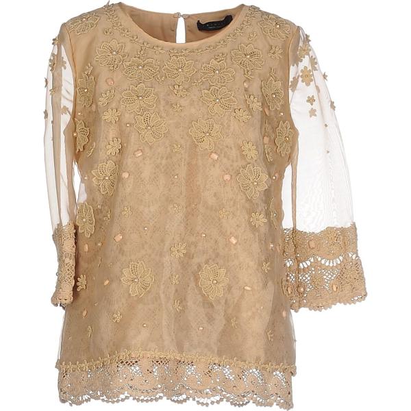 Blusa con pizzo e perline collo tondo interno foderato in organza con strass tinta unita Twinset tinta unita