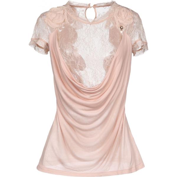 Blusa con pizzo contrasto collo tondo a maniche corte in viscosa senza tasche jersey Elisabetta Franchi Gold tinta unita
