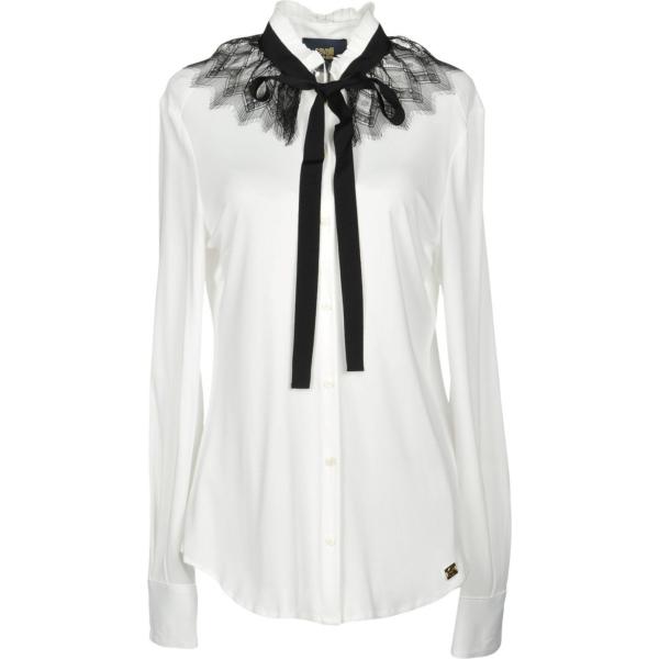 Camicia con fiocco senza tasche contrasto plissè a maniche lunghe in viscosa jersey Cavalli Class bianco