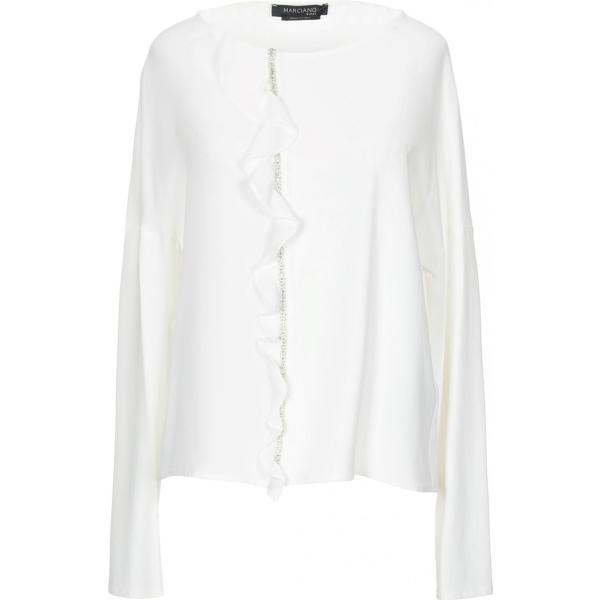 Blusa senza tasche con ruches collo tondo a maniche lunghe jersey Marciano bianco tinta unita