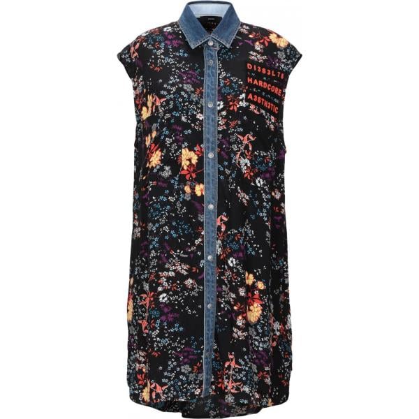 Vestito corto contrasto collo classico senza maniche interno sfoderato in denim con tasche Diesel multicolore