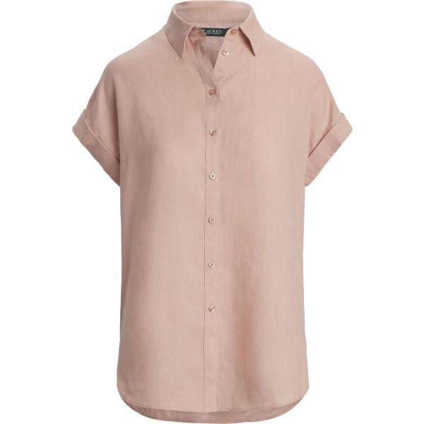 Camicia a maniche corte da donna in rosa chiaro collo classico a maniche corte con bottoni in lino Lauren Ralph Lauren Lauren Ralph Lauren