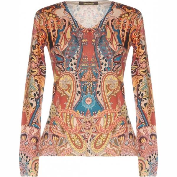 Pullover senza tasche fantasia lavorato a maglia a maniche lunghe in seta Roberto Cavalli