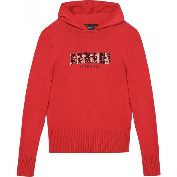 Pullover senza tasche lavorato a maglia con cappuccio a maniche lunghe in cotone tinta unita Armani Exchange tinta unita