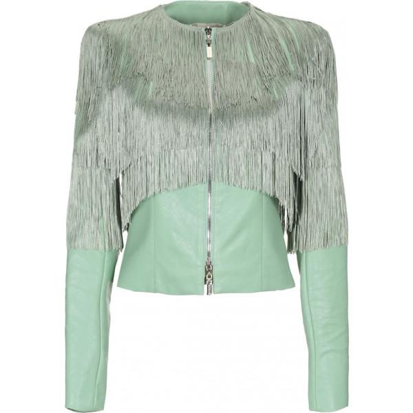 Giubbotto senza tasche con frange collo tondo a maniche lunghe con zip interno foderato in pelle sintetica tinta unita Mangano tinta unita