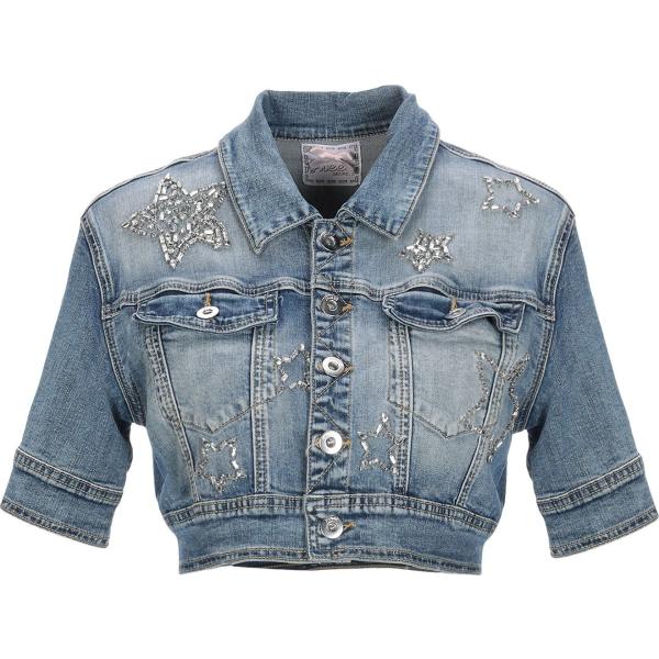 Giacca con strass delavé collo classico a maniche corte interno sfoderato in denim tinta unita Sweet Secrets tinta unita