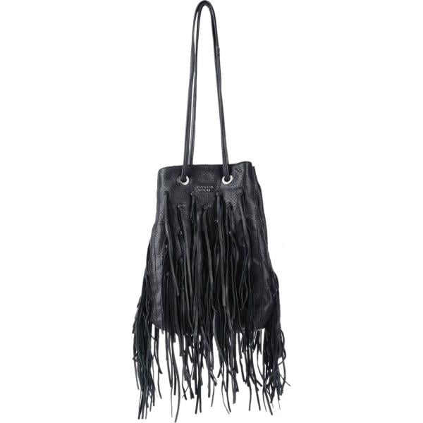 Borsa a mano secchiello con stampa e frange taglia media con coulisse interno foderato in pelle tinta unita blu Tosca Blu tinta unita