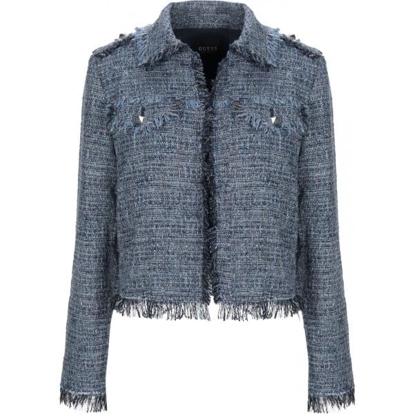 Giacca monospalla tweed con frange collo con revers interno foderato senza tasche tinta unita Guess blu tinta unita