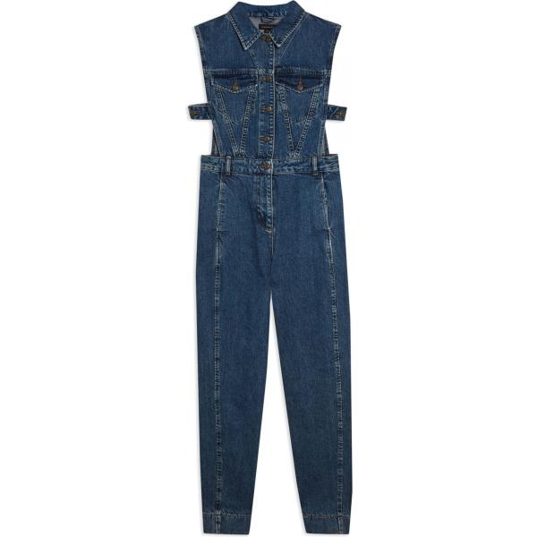 Salopette delavé collo classico senza maniche con cinturino in denim tinta unita Topshop tinta unita