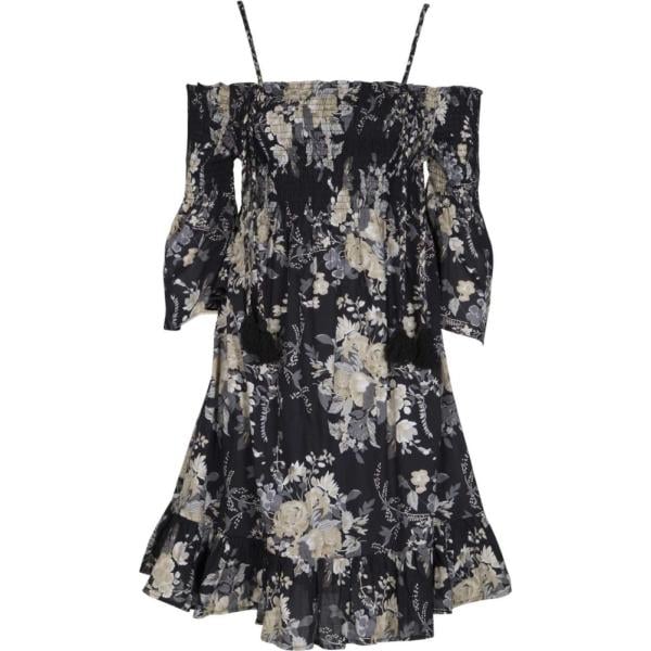 Vestito fantasia floreale plissè con spalle scoperte a maniche corte con nappine nero Twin Set