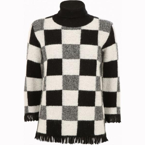 Maglione a quadri con frange collo alto con polsini nero e grigio Ice Play