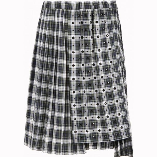 Gonna forma asimmetrica a quadri con borchie e pieghe bianco e verde e blu e nero N°21