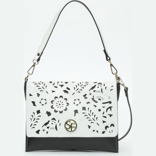 Borsa a tracolla motivo decorativo traforato con zip bianco e nero Sandro Ferrone