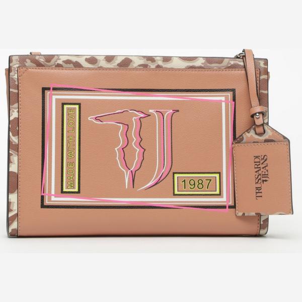 Pochette con taschini e stampa con zip e tracolla regolabile rosa Trussardi