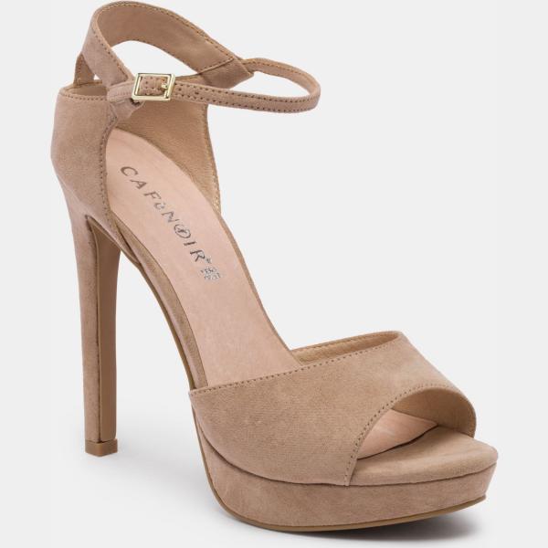 Sandali effetto scamosciato con tacco spillo e fibbia con punta tonda nero e beige Café Noir