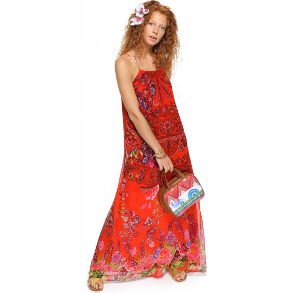 Vestito lungo con volant e ricamo con scollo interno foderato in viscosa rosso e multicolore Desigual