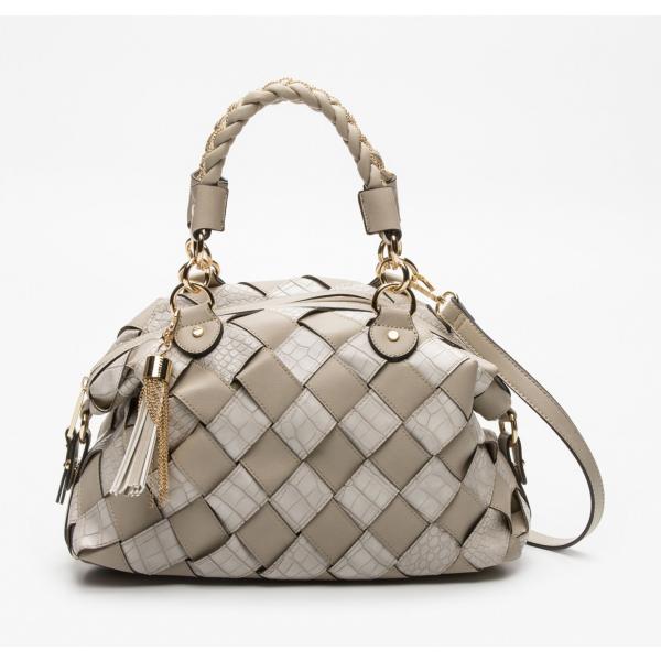 Borsa a tracolla a trecce con frange e zip con tracolla regolabile nero e grigio e bianco Café Noir