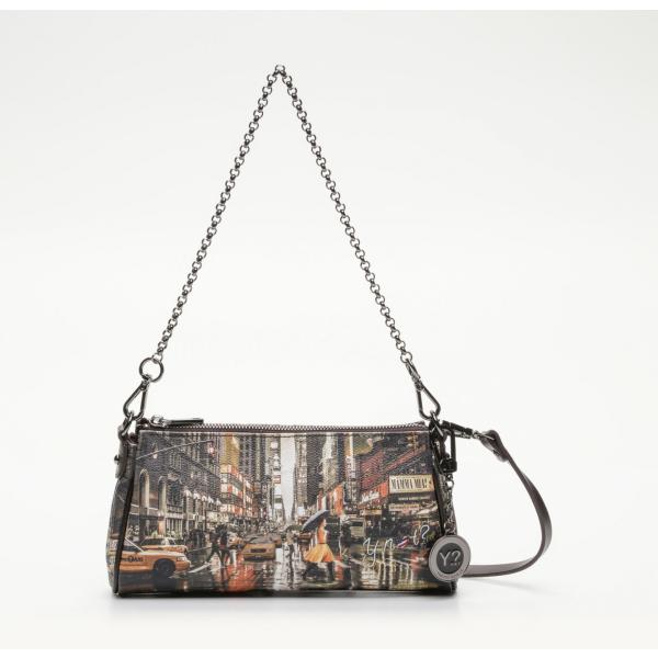 Pochette con stampa e tracolla regolabile marrone e giallo Y Not
