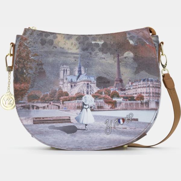 Borsa a tracolla con zip fondo con piedini blu e marrone Y Not