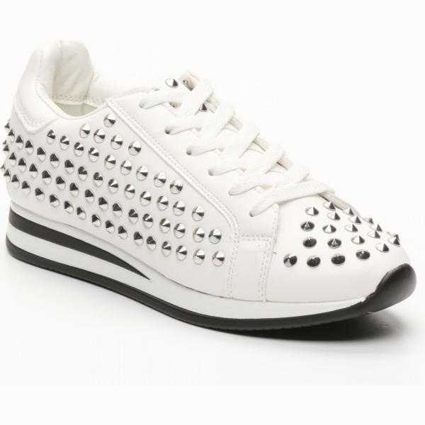 Sneakers con borchie interno in tessuto con punta tonda in ecopelle bianco e nero Primadonna