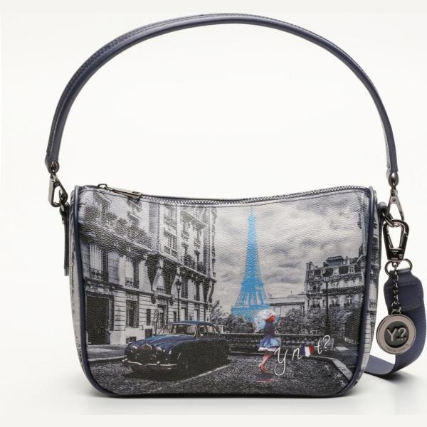 Portachiavi con stampa e zip con tracolla regolabile blu e grigio Y Not