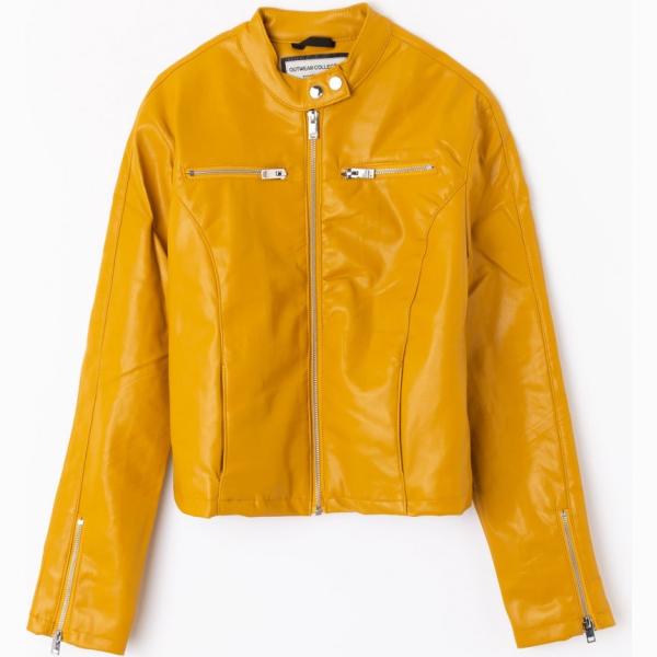 Giacca girocollo a maniche lunghe con zip in ecopelle tinta unita giallo Terranova giallo