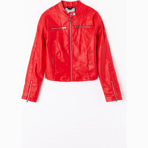 Giacca girocollo a maniche lunghe con zip in ecopelle tinta unita rosso Terranova rosso