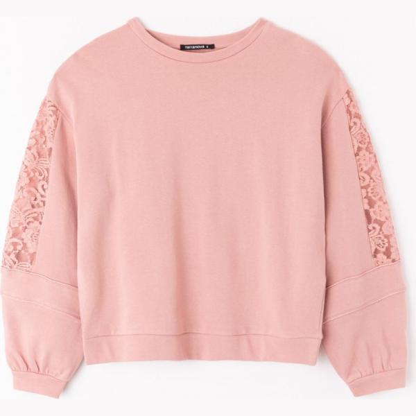 Felpa con pizzo girocollo tinta unita rosa Terranova rosa tinta unita